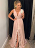 A Line Pink V Neck Chiffon Appliques Prom Dress with Slit LBQ4087